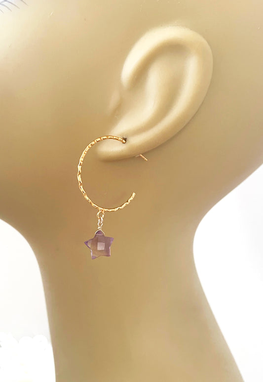 Amethyst Star Hammered Hoop Earrings
