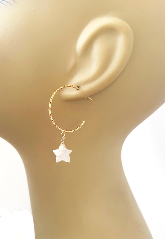 Moonstone Star Hammered Hoop Earrings