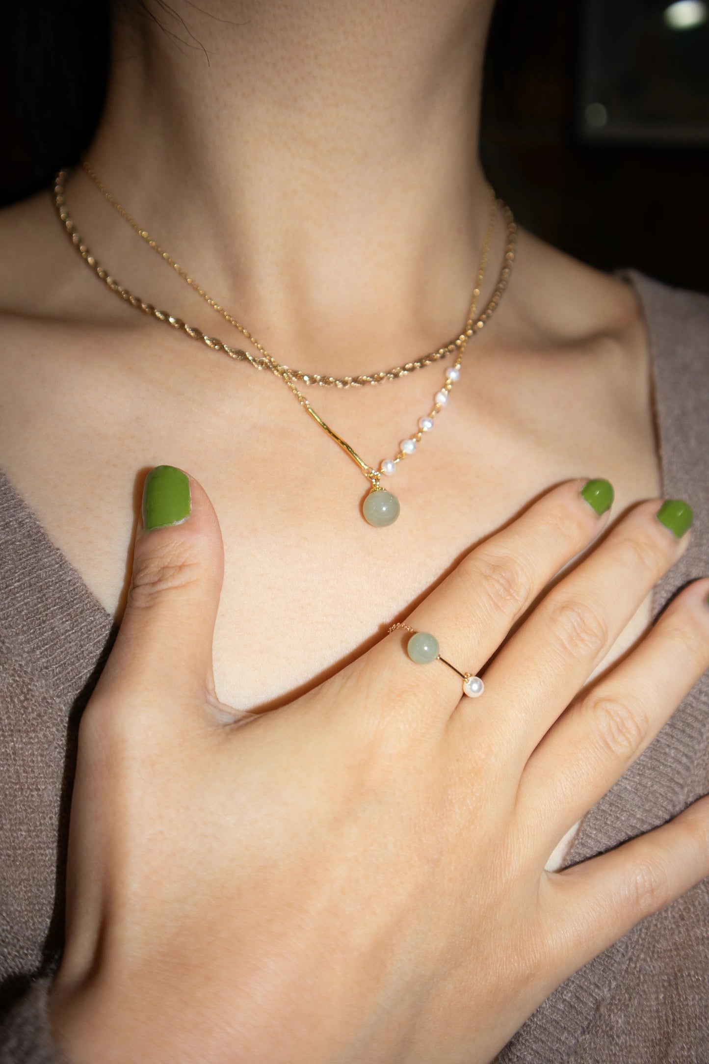 Isla — Green Jade and Freshwater Pearl Necklace