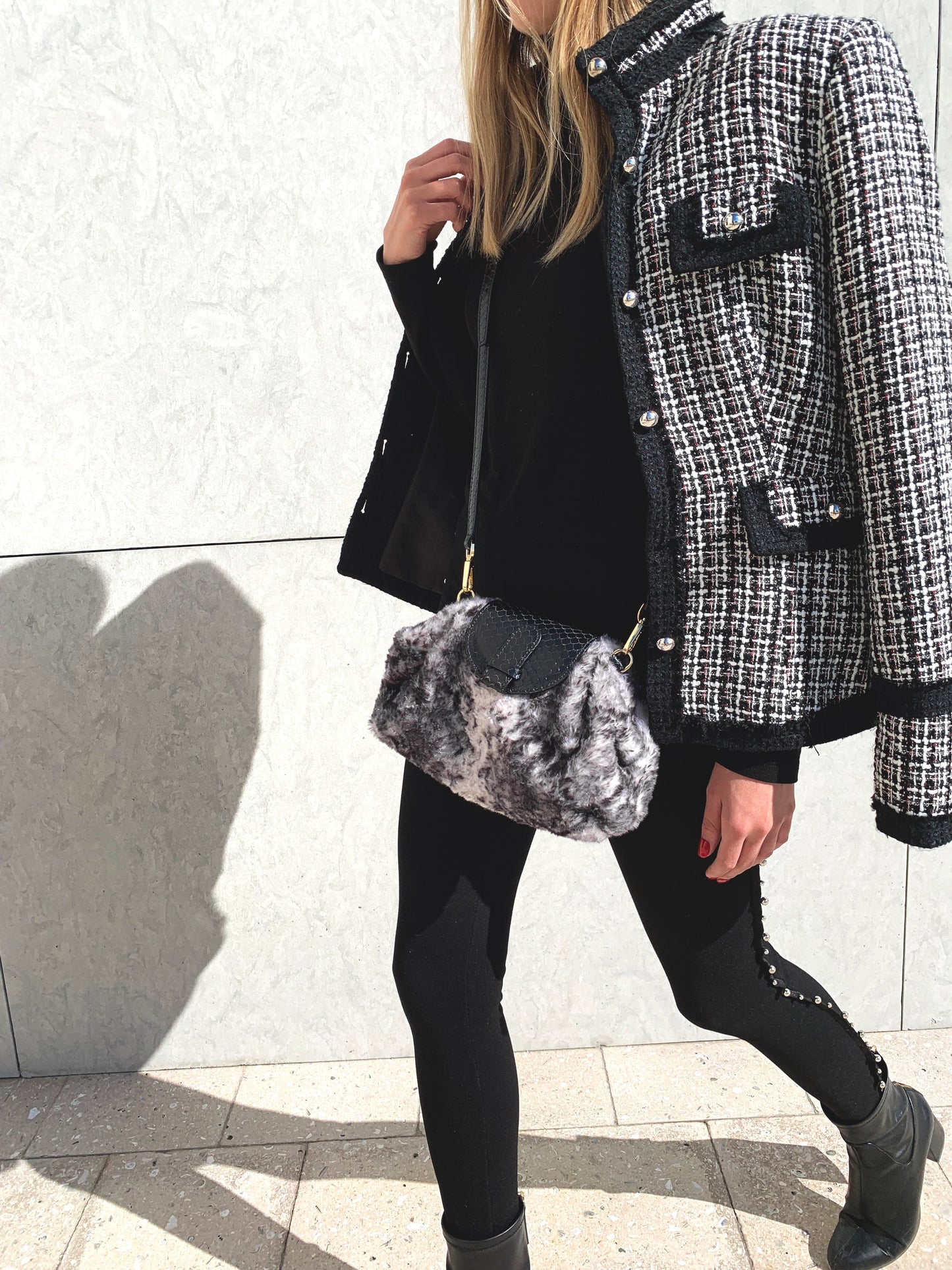 Serena in Faux Fur/Black Leather with Dark Green Chain