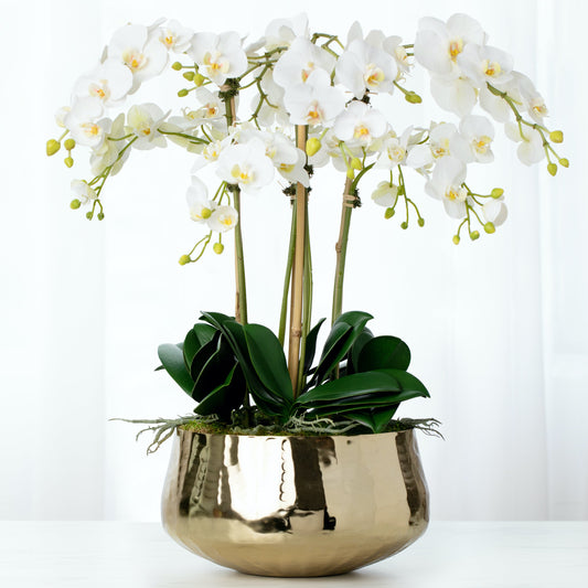 Faux Orchid Arrangement With White Orchids in Gold Pot - 26"