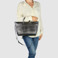 Grid Metallic Suede Leather Top-Handle Bag