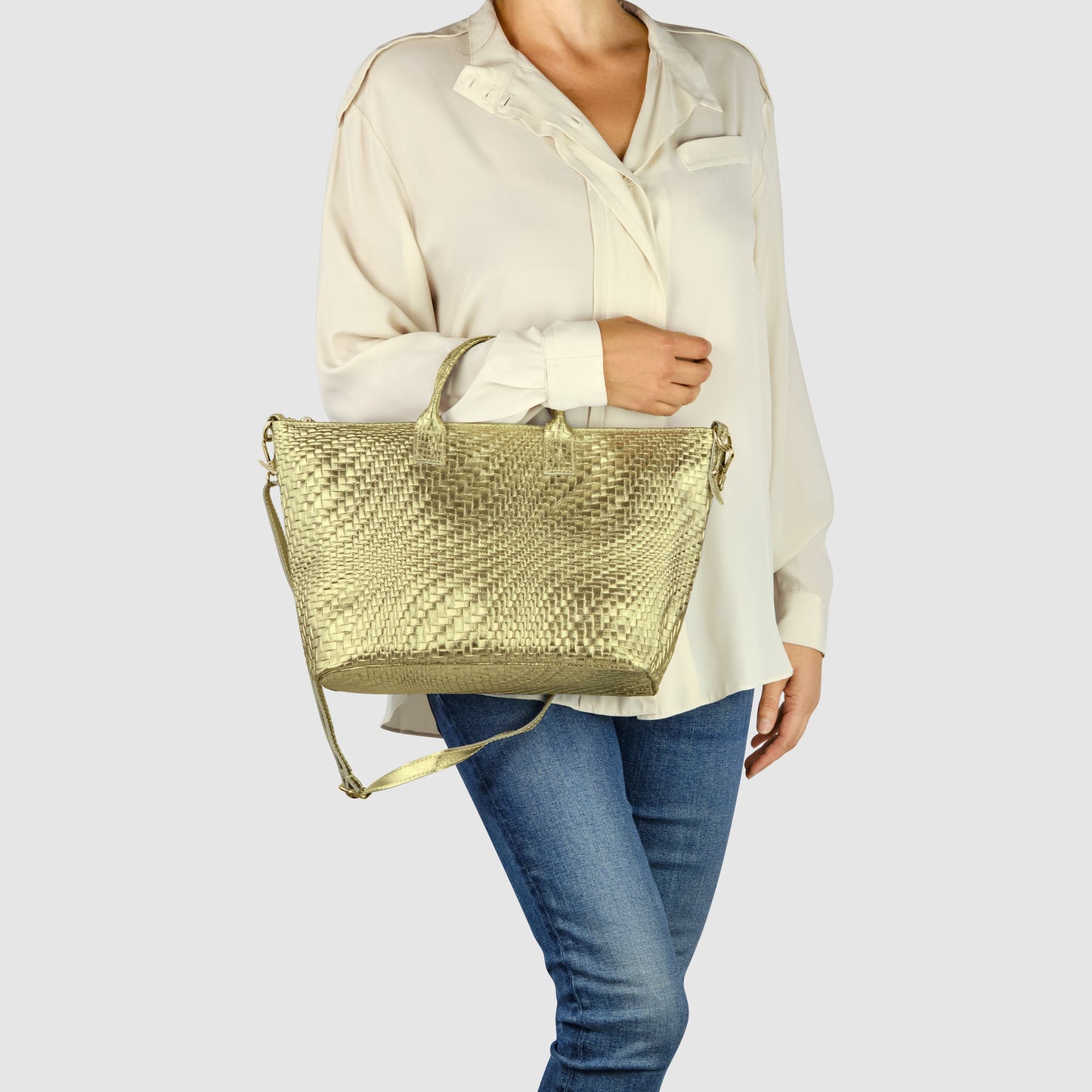 Grid Metallic Suede Leather Top-Handle Bag