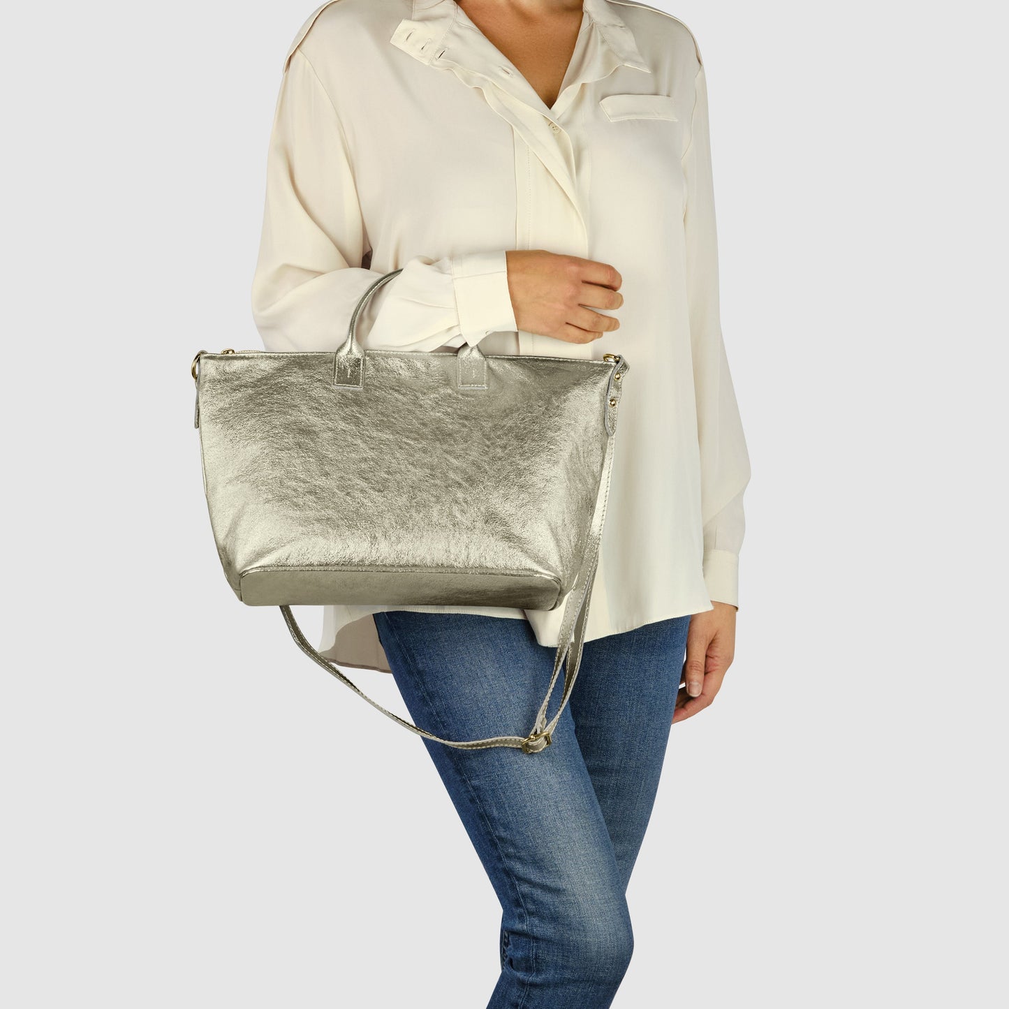 Metallic Suede Leather Top-Handle Bag