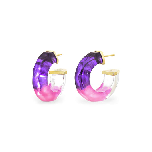 Faceted Tie Dye Lucite Huggies in Purple & Pink