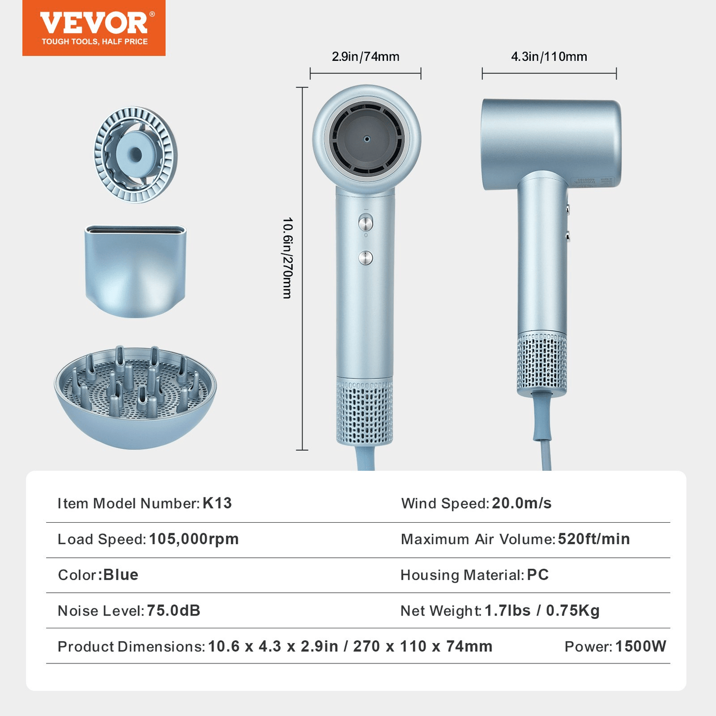 VEVOR High-Speed Hair Dryer with 105,000RPM Brushless Motor, 200 Million Negative Ions Hair Blow Dryer, 4 Temps & 3 Speeds, LCD Display Thermo-Control Hairdryer with Diffuser & Nozzle for Home Travel